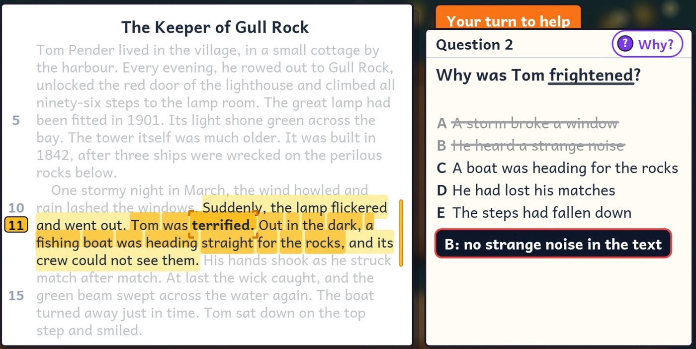 A comprehension question with the relevant passage highlighted and the wrong options ruled out
